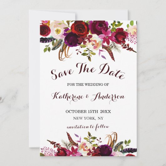 Burgundy Marsala Floral Wedding Save the Date (Voorkant)