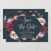 Burgundy Marsala Navy Floral | De datumkaart opsla Save The Date (Voorkant / Achterkant)