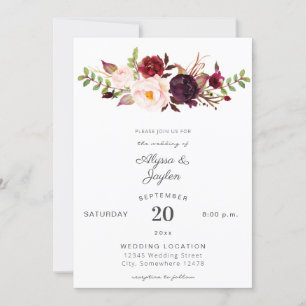 Burgundy Marsala Pink Floral Wedding 2 White Kaart
