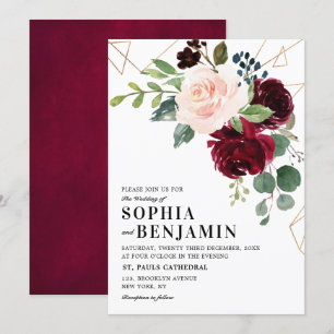Burgundy Marsala Red Blush Roos Geometric Floral Kaart