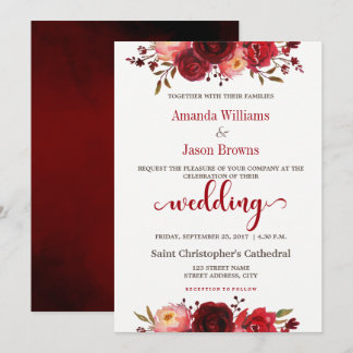 Burgundy Marsala Red Floral Wedding-uitnodiging Kaart
