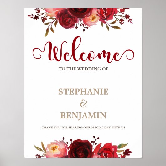 Burgundy Marsala Red Floral Welkomstbord Poster (Voorkant)