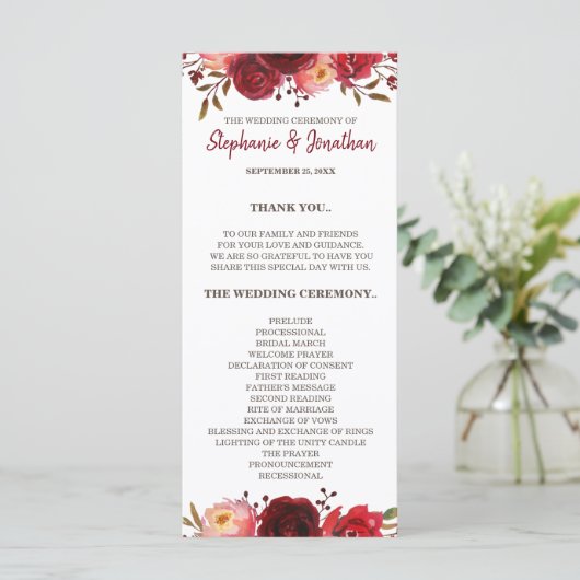 Burgundy Marsala Red Roses Floral Wedding Programm Programma (Staand voorkant)
