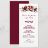 Burgundy Marsala Rouge Floral Menu Mariage (Devant / Derrière)