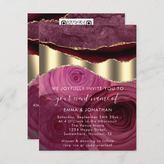Burgundy Marsala Rozen Border QR Code Gold Glitter (Voorkant / Achterkant)