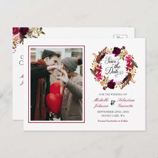 Burgundy Marsala Rustic Foto Floral Save the Date Aankondigingskaart (Voorkant / Achterkant)