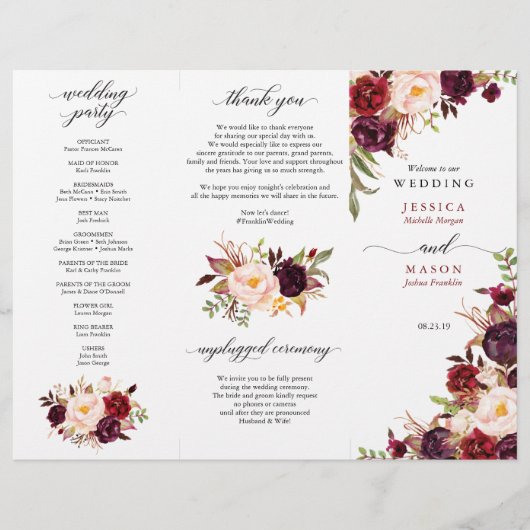 Burgundy Marsala Tri-Fold Wedding Programme Flyer (Voorkant)