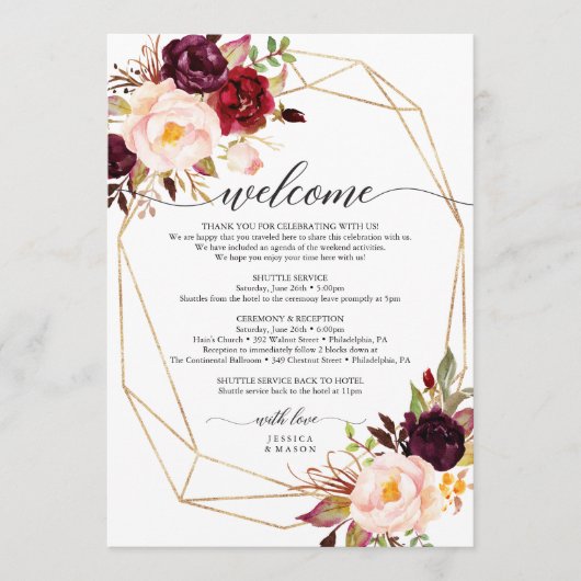 Burgundy Marsala Wedding Welcome Itinerary Letter Programma (Voorkant)