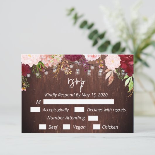 Burgundy Mason Jar Wood String Lights Flower RSVP (Staand voorkant)