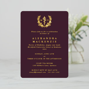 Burgundy MD Asclepius+Laurel Wreated Afstuderen Folie Uitnodiging
