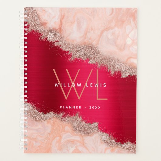 Burgundy Metallic Roos Gold Glitter Monogram Planner (Voorkant)