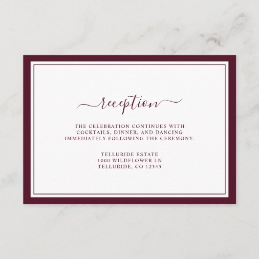 Burgundy Minimal Elegant Script Reception Wedding Informatiekaartje (Voorkant)