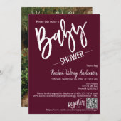 Burgundy Minimal Script Baby shower QR Code Foto Kaart (Voorkant / Achterkant)