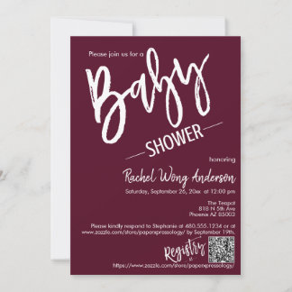 Burgundy Minimal Script Baby shower QR Code Foto Kaart