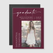 Burgundy Minimalist Script Photo Graduate Magnet (Devant / Derrière)