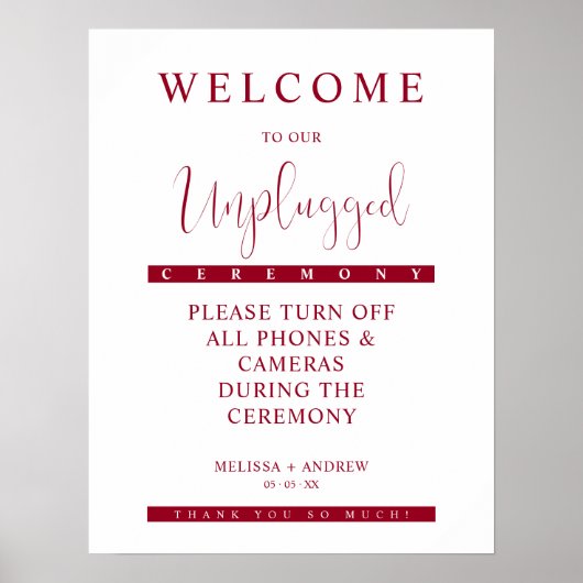 Burgundy Minimalist Unplugged Wedding Sign Poster (Voorkant)
