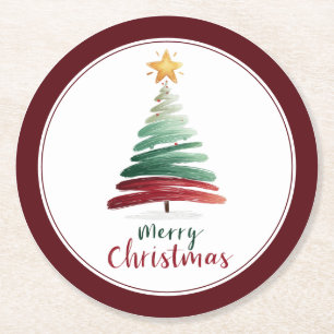 Burgundy Minimalistische Kerstboom Ronde Kartonnen Onderzetter