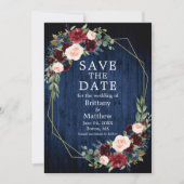 Burgundy Mixed Floral Blue Wood Geo Lijst Save The Date (Voorkant)