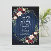 Burgundy Mixed Floral Blue Wood Geo Lijst Save The Date (Staand voorkant)