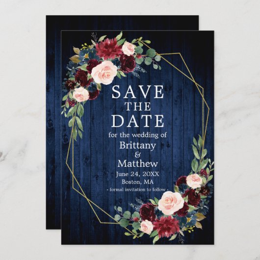 Burgundy Mixed Floral Blue Wood Geo Lijst Save The Date (Voorkant / Achterkant)