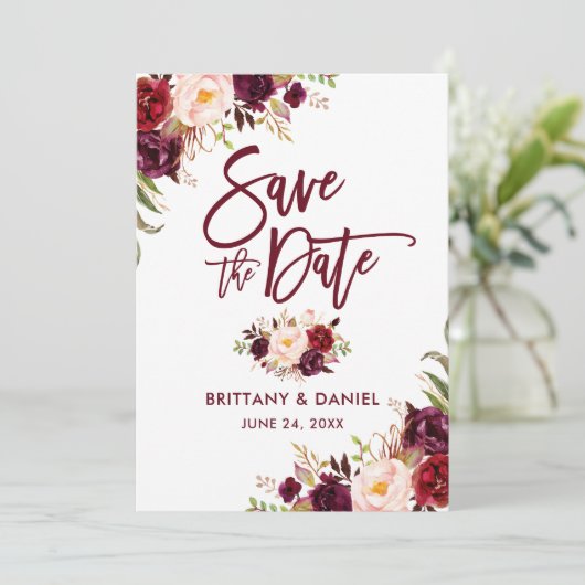 Burgundy Modern Brush Script Floral Save The Date (Staand voorkant)