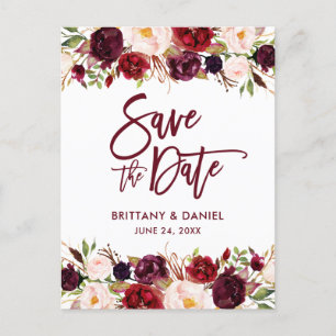 Burgundy Modern Brush Script Save the Date Floral Aankondigingskaart