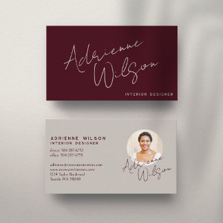 Burgundy Modern Elegant Signature Minimalist Photo Visitekaartje
