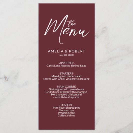 Burgundy Modern Elegant Simple Menu Mariage (Devant)