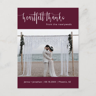 Burgundy Modern Minimalist Weddenschap Foto bedank Briefkaart