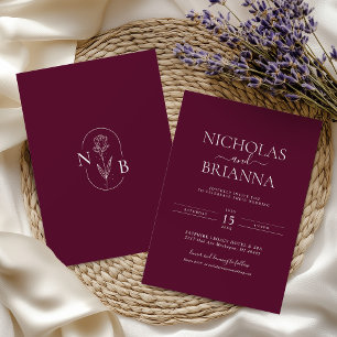 Burgundy Modern Minimalistisch Boho Trouw Monogram Kaart