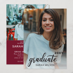 Burgundy Modern Script Two Photos Afstuderen Kaart