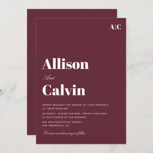 burgundy modern text bruiloft uitnodiging (Voorkant / Achterkant)