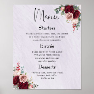Burgundy moderne Blush Floral Mariage Menu Poster