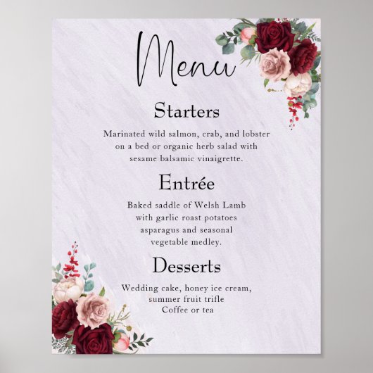 Burgundy moderne Blush Floral Mariage Menu Poster (Devant)