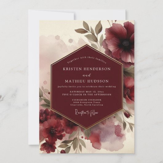 Burgundy Moody Bloom Wedding Kaart (Voorkant)