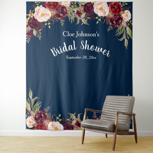 Burgundy Navy Blauwe Bloem Bruidsfeest Foto Prop Wandkleed (In situ)