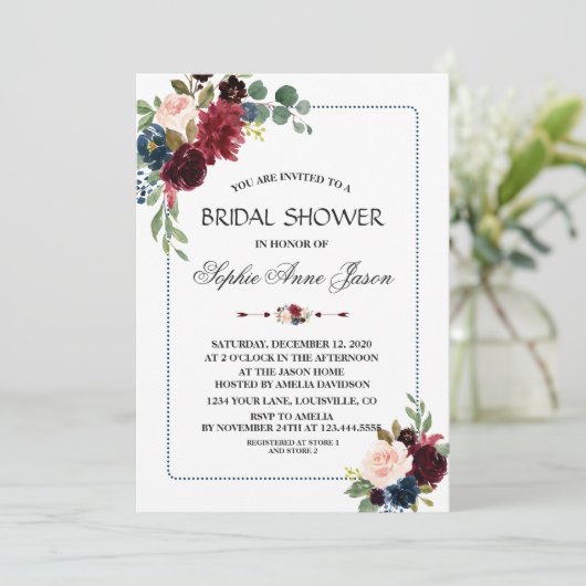 Burgundy Navy Blauwe Bloemenkader Bruiloft Feest Kaart (Staand voorkant)