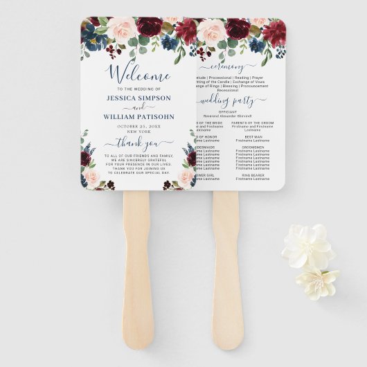 Burgundy Navy Blauwe Blush Bloemen Bruiloftsprogra Handwaaier (Voorkant en achterkant)