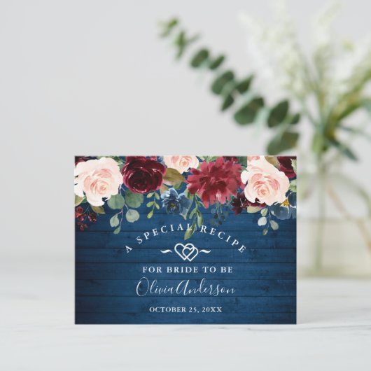 Burgundy Navy Blauwe Blush Bruiloft Feest Recept K Briefkaart (Staand voorkant)