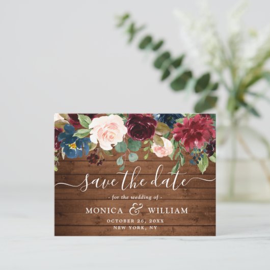 Burgundy Navy Blauwe Blush Trouw Save the Date Aankondigingskaart (Staand voorkant)