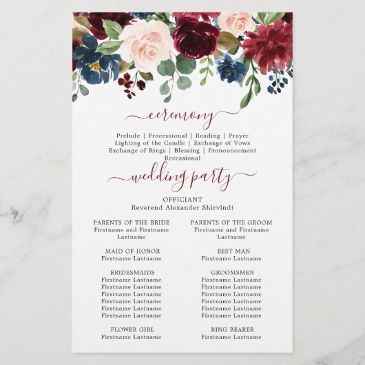 Burgundy Navy Blauwe Blush Trouwceremonieprogramma (Achterkant)