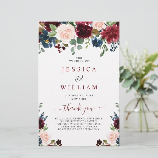 Burgundy Navy Blauwe Blush Trouwceremonieprogramma (Staand voorkant)