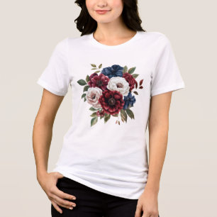 Burgundy Navy Blauwe Witte Bloemen Boeket Dames Tri-Blend Shirt