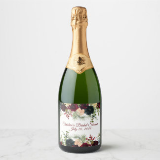Burgundy, Navy Bloemige Sekt Labels Sparkling Wijnetiket