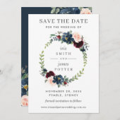 Burgundy Navy Bloemige Trouw Save the Date Kaart (Voorkant / Achterkant)