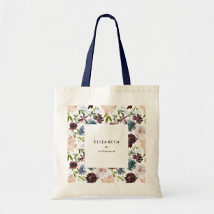Burgundy Navy Bloemmotief Bruidsfeest Tote Bag