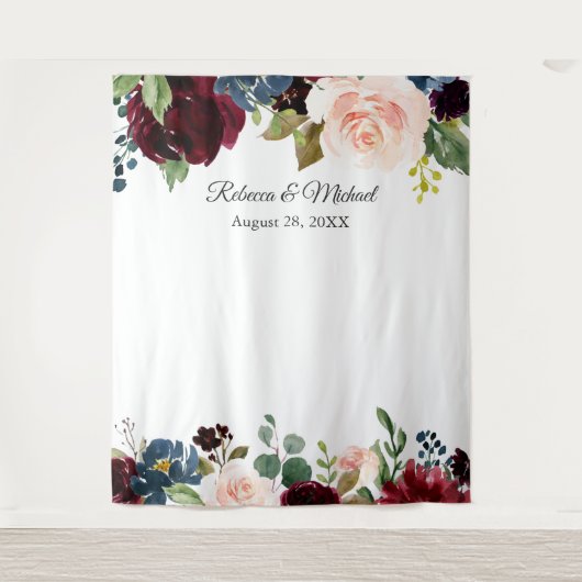 Burgundy Navy Bloemstuk Bruiloft Foto Booth Achter Wandkleed (Voorkant)