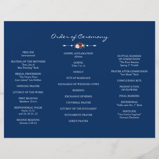 Burgundy Navy Blue Bloemendrieluik Bruidsprogramma Flyer (Achterkant)