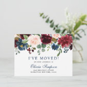 Burgundy Navy Blue Blush Floral Waterverf Moving Aankondiging (Staand voorkant)