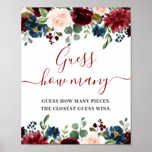 Burgundy Navy Blue Blush Floral Waterverf Poster